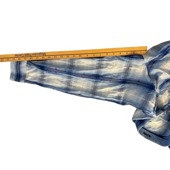 Bugatchi Uomo Men's Blue Linen Plaid Short Sleeve Classic Fit Button Up L Shirt - Picture 4 of 15